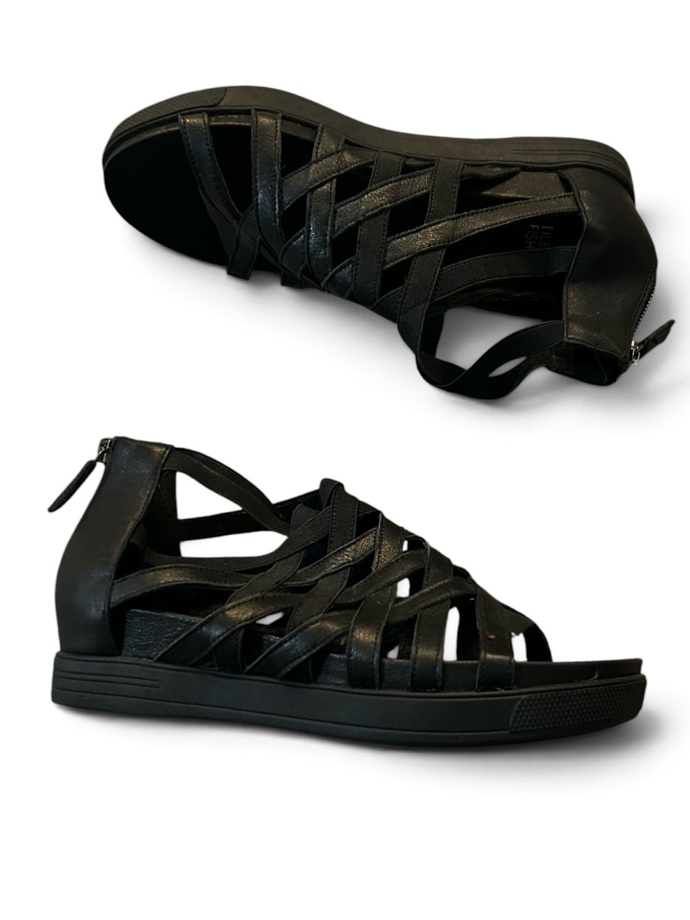 Eileen Fisher Airy Gladiator Cage Strappy Black Leather Sandals Size 8